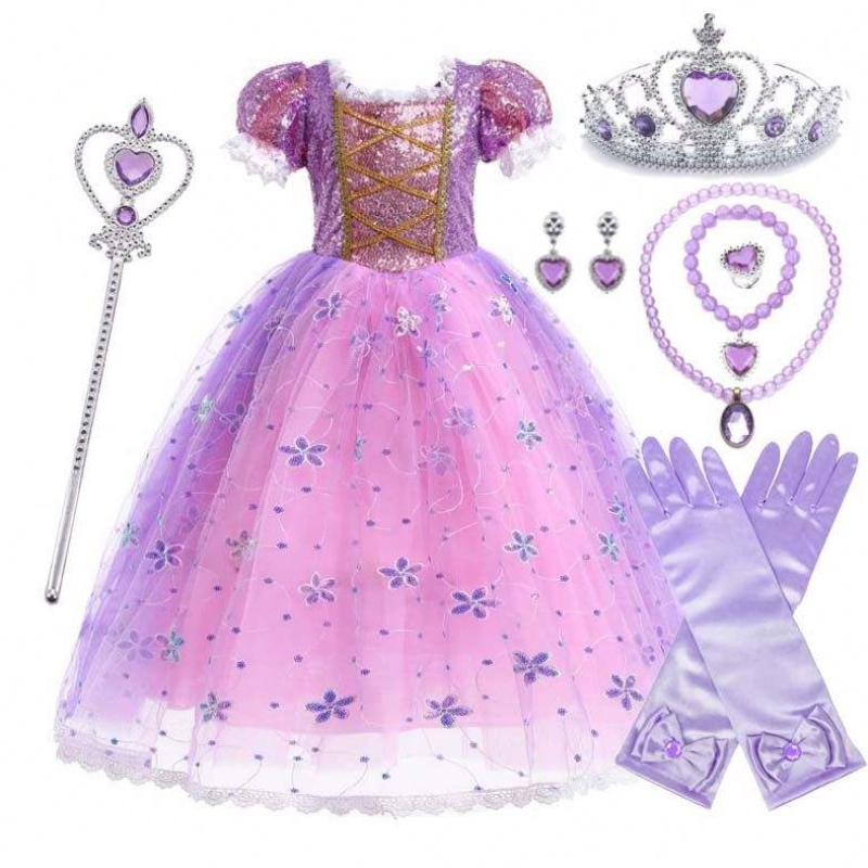 女の子のプリンセスコスチュームラプンツェルパフスリーブスパンコールコスプレドレス紫色のアクセサリーhcrs-007