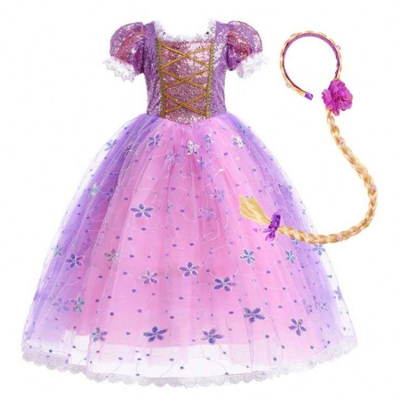 女の子のプリンセスコスチュームラプンツェルパフスリーブスパンコールコスプレドレス紫色のアクセサリーhcrs-007