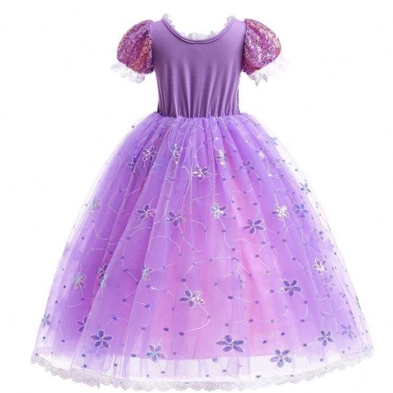 女の子のプリンセスコスチュームラプンツェルパフスリーブスパンコールコスプレドレス紫色のアクセサリーhcrs-007