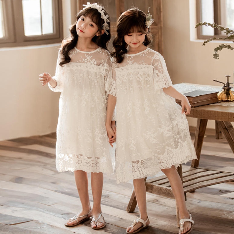 新しい夏の綿ネットヤーンレースガールズドレスキッズスカート子供服3〜14歳の白いプリンセスドレス