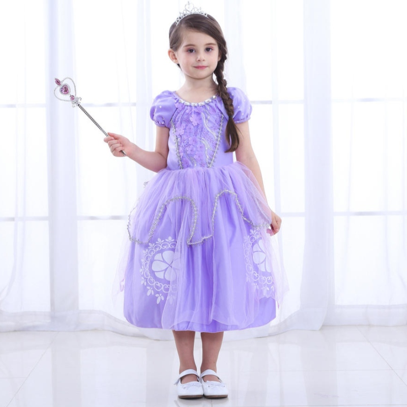 プリンセスソフィアドレスフォーガールキッズコスプレパフスリーブレイヤードレスチャイルドパーティー誕生日ウェディングボールガウンファンシーコスチューム