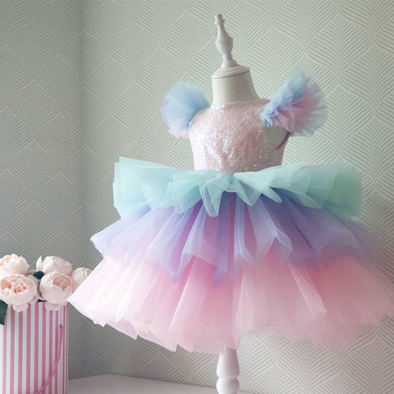 女の子のフォーマスプリンセスドレスキッズレースレースレインボーエレガントなイブニングパーティーケーキチュチュプロムガウンチルドレンウェディングコミューンnコスチューム